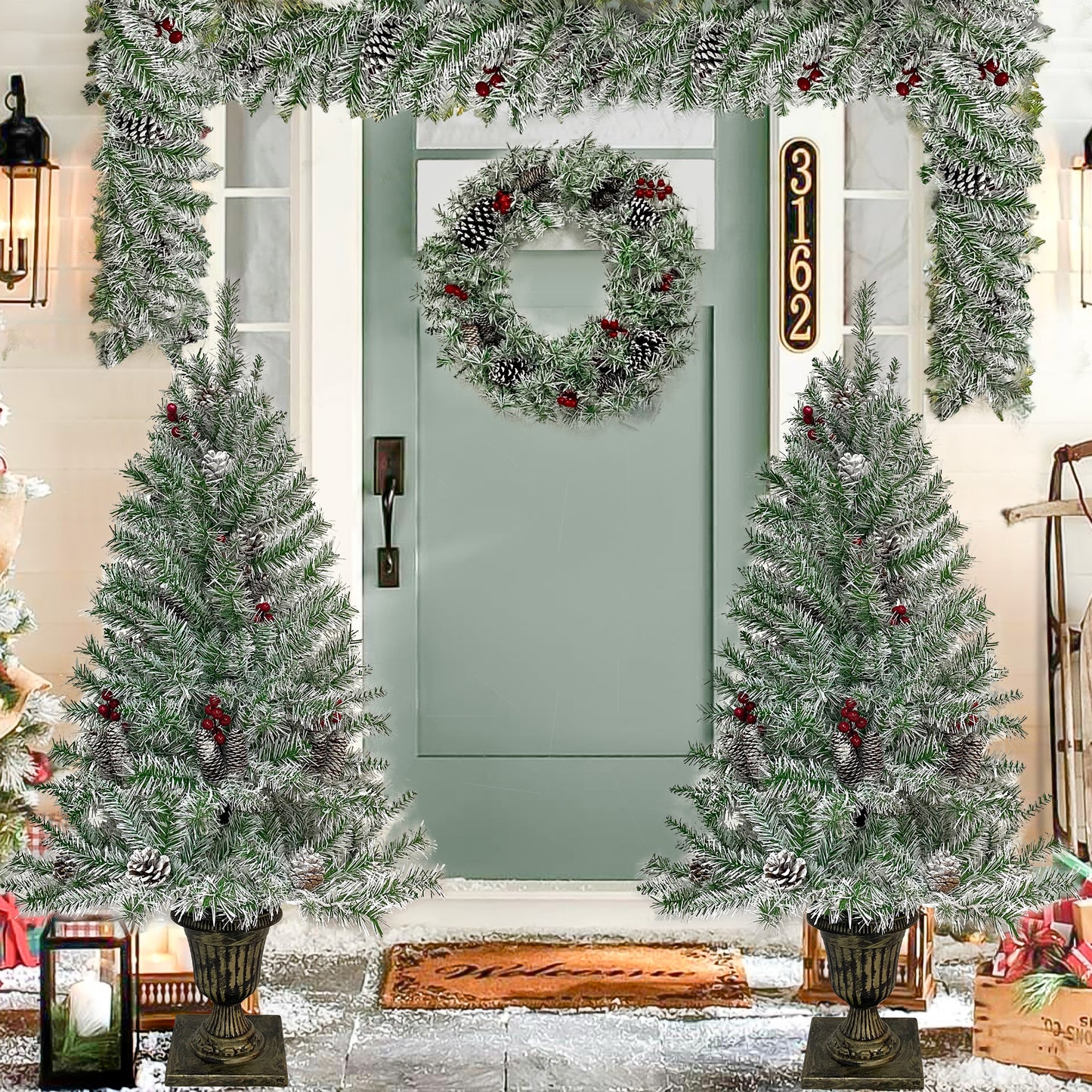 Xmas Tree Artificial Christmas 4-Piece Set,Garland, Wreath and Set of 2 Entrance Trees X-mas