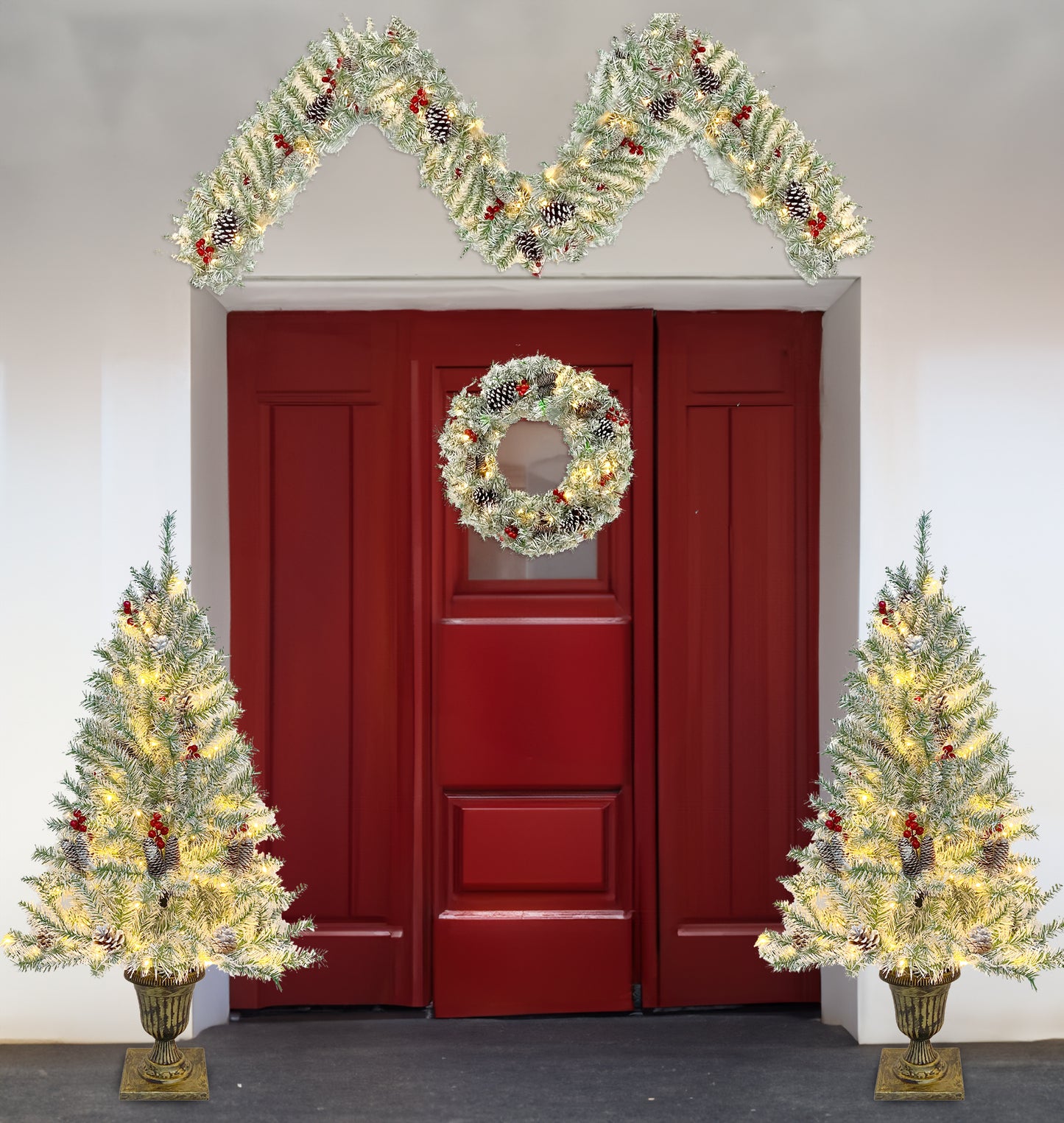 Xmas Tree Artificial Christmas 4-Piece Set,Garland, Wreath and Set of 2 Entrance Trees X-mas