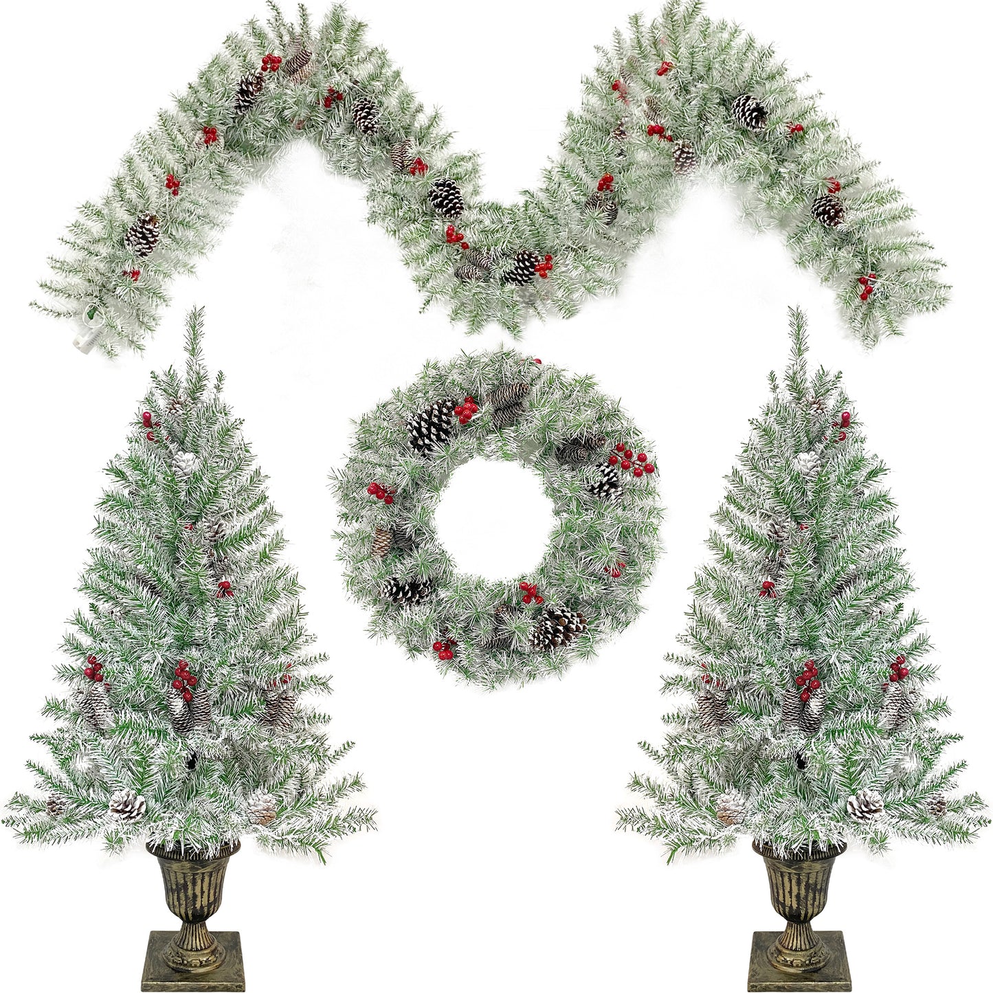 Xmas Tree Artificial Christmas 4-Piece Set,Garland, Wreath and Set of 2 Entrance Trees X-mas