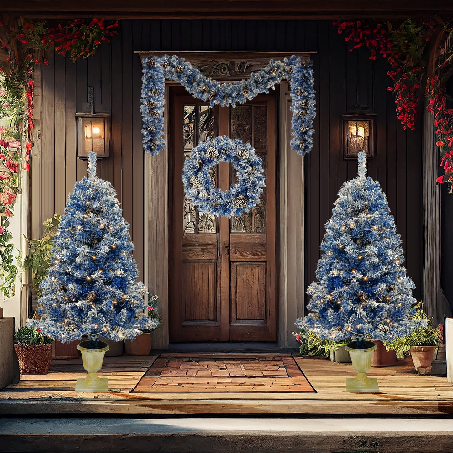 A set of 4 artificial Christmas trees, including flower garlands, flower garlands, and 2 entrance trees, equipped with LED light